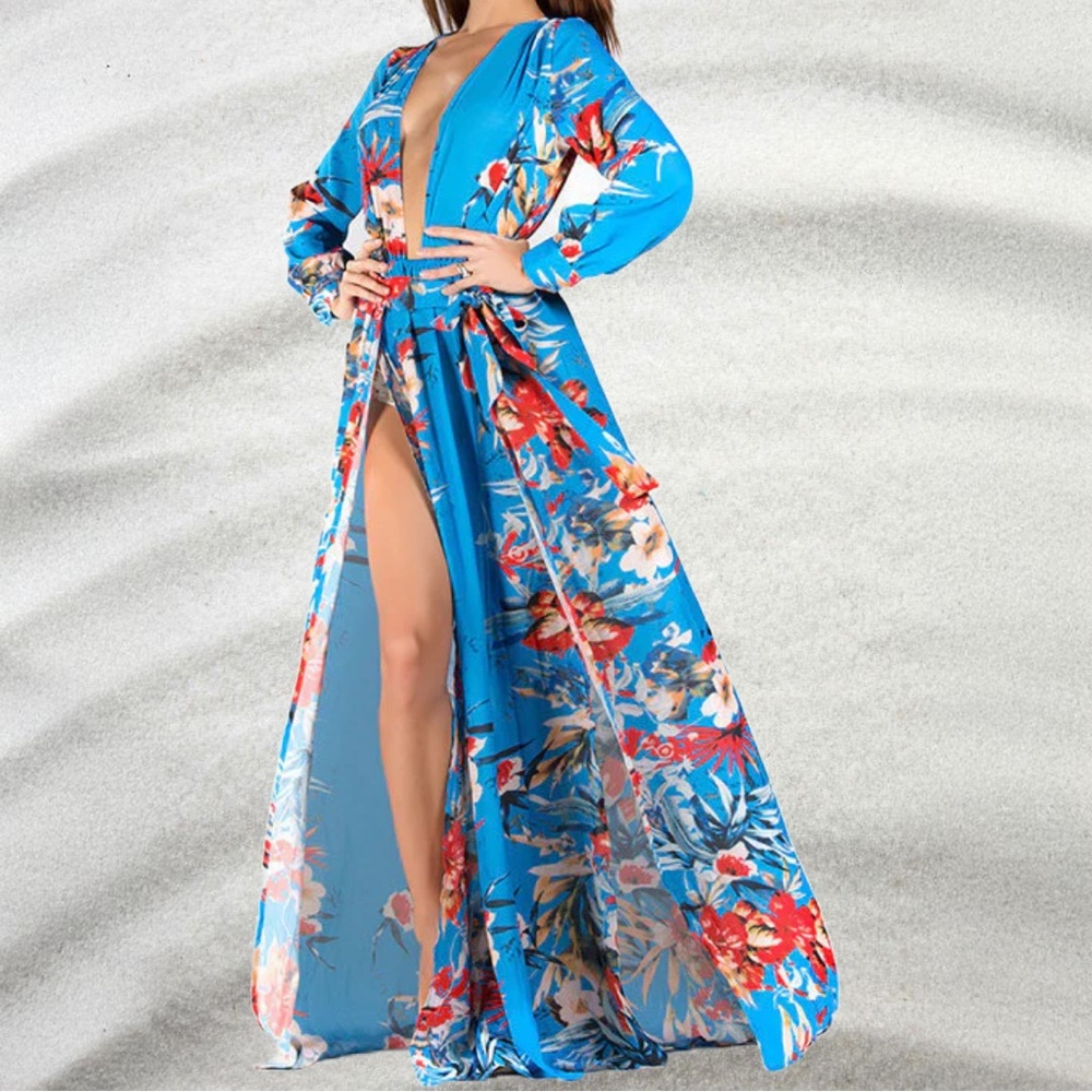Missord V-neck Long Sleeve Blue Floral Print Slit Boho Dress / Size M / NWOT